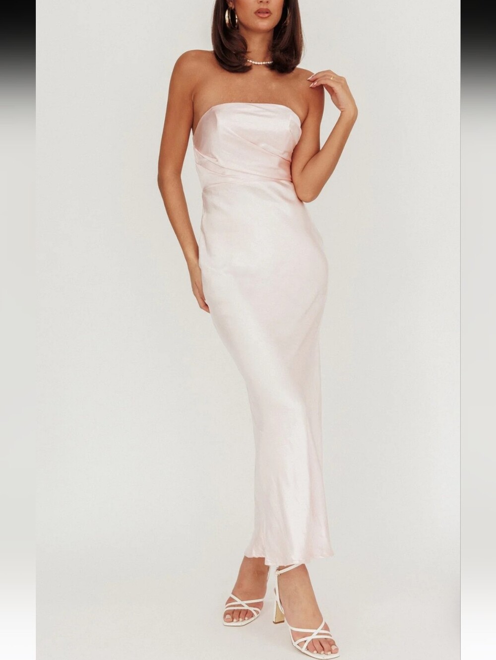 Selfie Leslie Strapless Satin maxi Dress in pretty Pale Pink size M NWTS